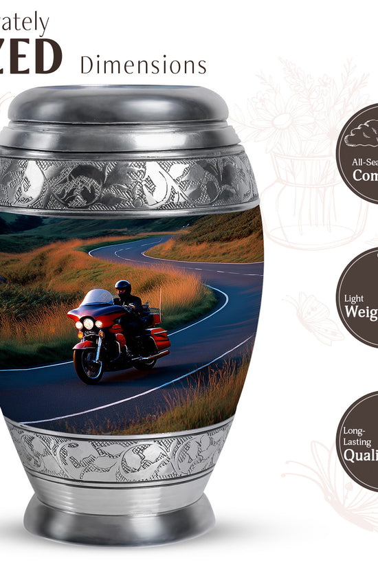 Navy Blue Bike Cremation Urn lifestyle display on memorial shelf - regal bike design with crown-inspired accents - mini keepsake memorial for portion of cremation ashes