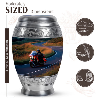 Navy Blue Bike Cremation Urn lifestyle display on memorial shelf - regal bike design with crown-inspired accents - mini keepsake memorial for portion of cremation ashes