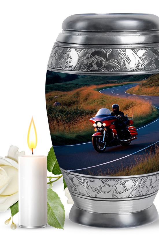 Steel Blue Bike Cremation Urn back view with polished surface - royal bike engraving with decorative scrollwork - full-size 10 inch 200 cubic inch adult cremation urn