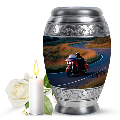 Steel Blue Bike Cremation Urn back view with polished surface - royal bike engraving with decorative scrollwork - full-size 10 inch 200 cubic inch adult cremation urn