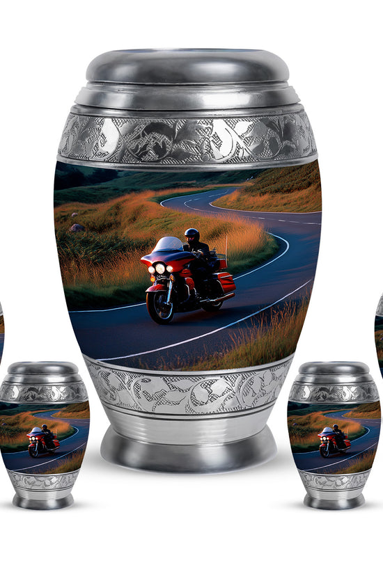 Sky Blue Bike Cremation Urn detail view - regal bike design with crown-inspired accents - memorial set with one large and four small urns