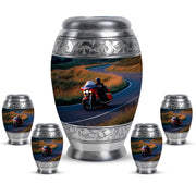 Sky Blue Bike Cremation Urn detail view - regal bike design with crown-inspired accents - memorial set with one large and four small urns