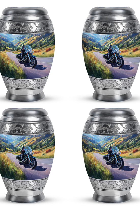 Celestial Blue Bike Cremation Urn urn with complimentary velvet bag - ornate monarch-style bike relief on brushed aluminum - 10 inch aluminum urn for cremated remains