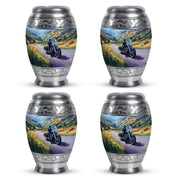 Celestial Blue Bike Cremation Urn urn with complimentary velvet bag - ornate monarch-style bike relief on brushed aluminum - 10 inch aluminum urn for cremated remains
