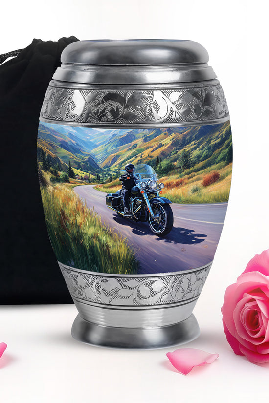 Celestial Blue Bike Cremation Urn back view with polished surface - ornate monarch-style bike relief on brushed aluminum - full-size 10 inch 200 cubic inch adult cremation urn