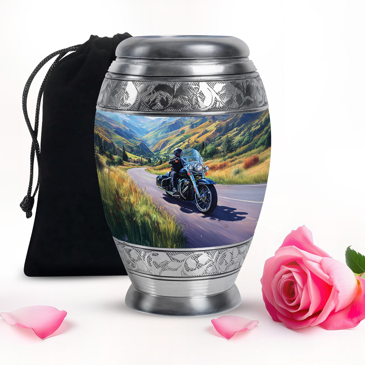 Celestial Blue Bike Cremation Urn back view with polished surface - ornate monarch-style bike relief on brushed aluminum - full-size 10 inch 200 cubic inch adult cremation urn