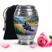 Celestial Blue Bike Cremation Urn back view with polished surface - ornate monarch-style bike relief on brushed aluminum - full-size 10 inch 200 cubic inch adult cremation urn