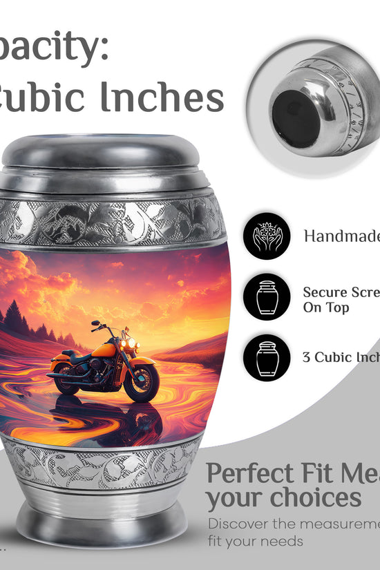Rose Pink Bike Cremation Urn lifestyle display on memorial shelf - ornate monarch-style bike relief on brushed aluminum - mini keepsake memorial for portion of cremation ashes