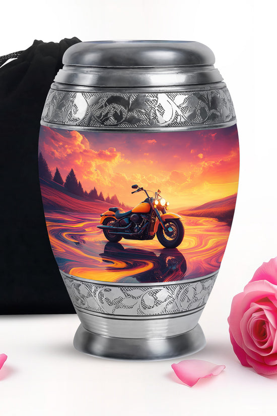 Salmon Pink Bike Cremation Urn back view with polished surface - royal bike engraving with decorative scrollwork - full-size 10 inch 200 cubic inch adult cremation urn