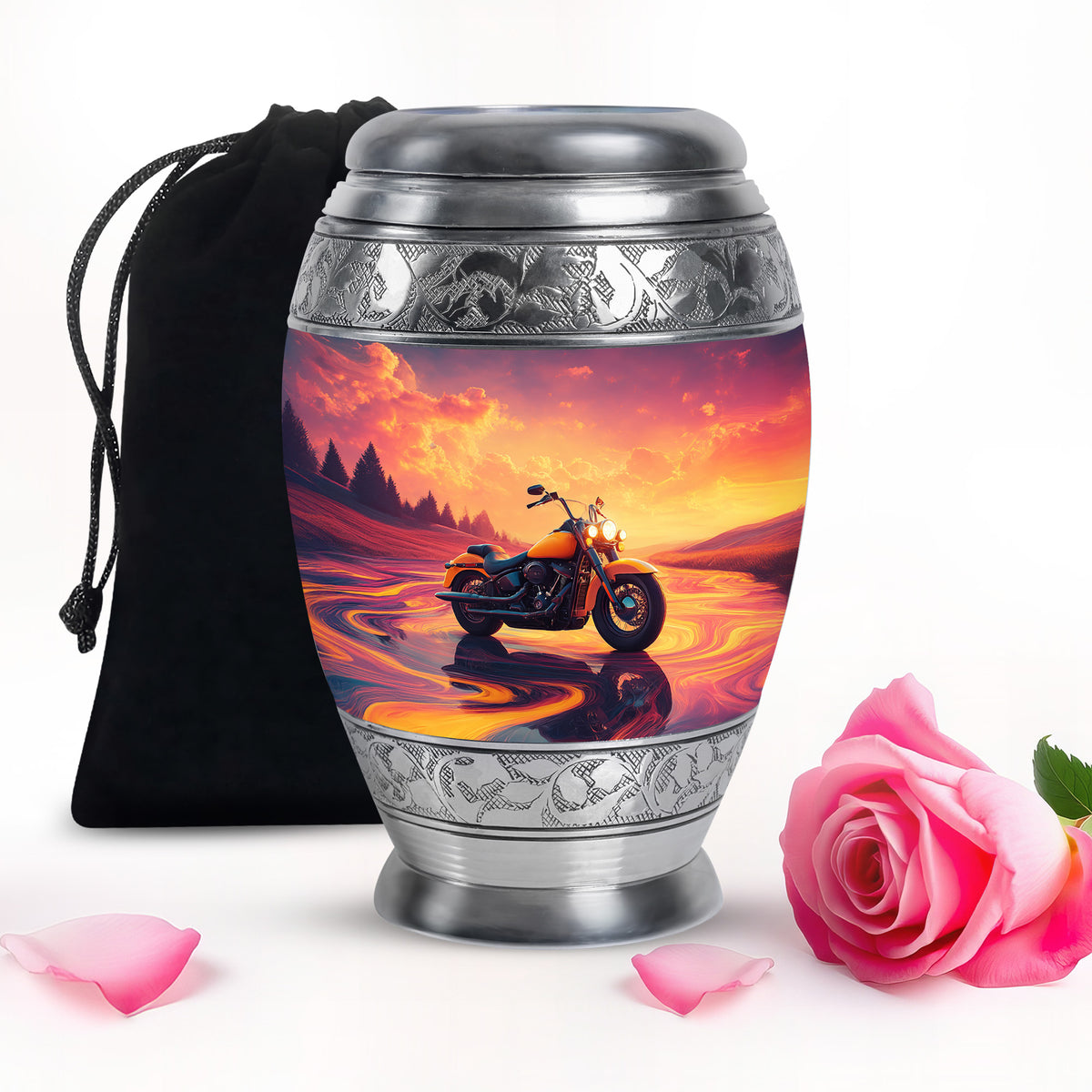 Salmon Pink Bike Cremation Urn back view with polished surface - royal bike engraving with decorative scrollwork - full-size 10 inch 200 cubic inch adult cremation urn