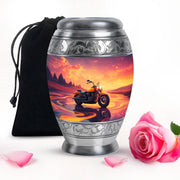 Salmon Pink Bike Cremation Urn back view with polished surface - royal bike engraving with decorative scrollwork - full-size 10 inch 200 cubic inch adult cremation urn