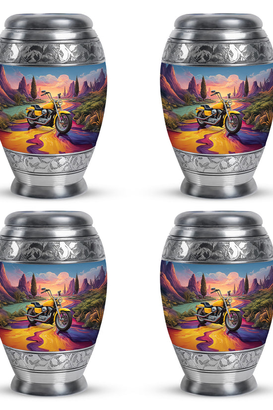 Dusty Blue Bike Cremation Urn urn with complimentary velvet bag - regal bike design with crown-inspired accents - 10 inch aluminum urn for cremated remains