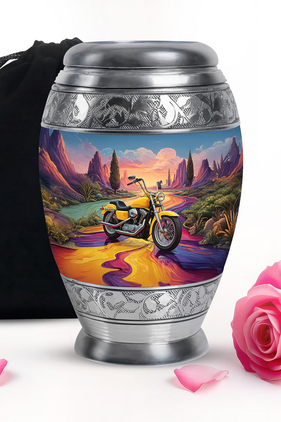 Soft Blue Bike Cremation Urn back view with polished surface - royal bike engraving with decorative scrollwork - full-size 10 inch 200 cubic inch adult cremation urn