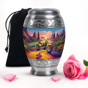 Soft Blue Bike Cremation Urn back view with polished surface - royal bike engraving with decorative scrollwork - full-size 10 inch 200 cubic inch adult cremation urn