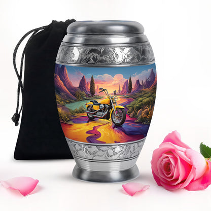 Soft Blue Bike Cremation Urn back view with polished surface - royal bike engraving with decorative scrollwork - full-size 10 inch 200 cubic inch adult cremation urn