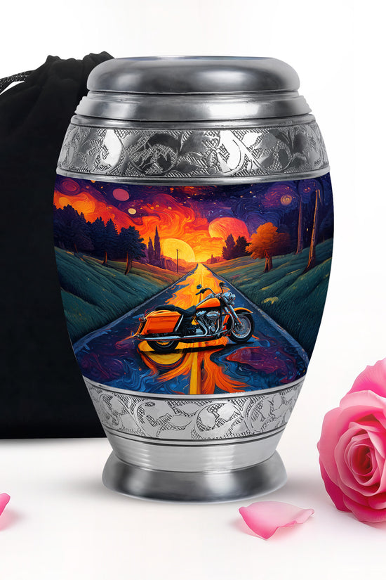 Twilight Purple Bike Cremation Urn back view with polished surface - royal bike engraving with decorative scrollwork - full-size 10 inch 200 cubic inch adult cremation urn