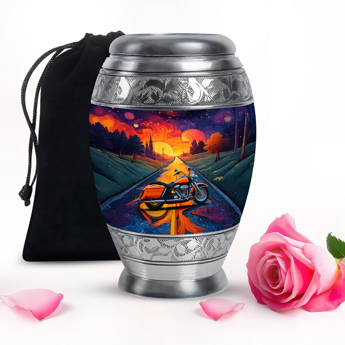 Twilight Purple Bike Cremation Urn back view with polished surface - royal bike engraving with decorative scrollwork - full-size 10 inch 200 cubic inch adult cremation urn