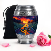 Twilight Purple Bike Cremation Urn back view with polished surface - royal bike engraving with decorative scrollwork - full-size 10 inch 200 cubic inch adult cremation urn
