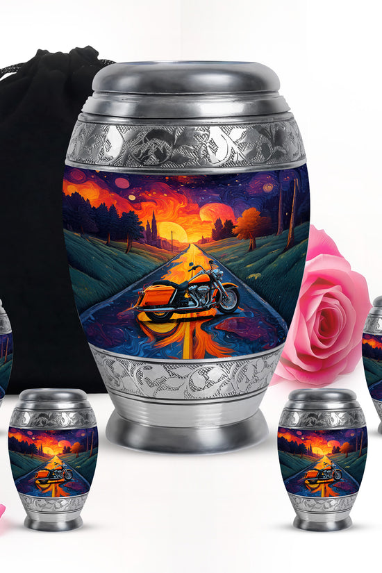 Violet Purple Bike Cremation Urn detail view - majestic bike pattern with filigree border - memorial set with one large and four small urns