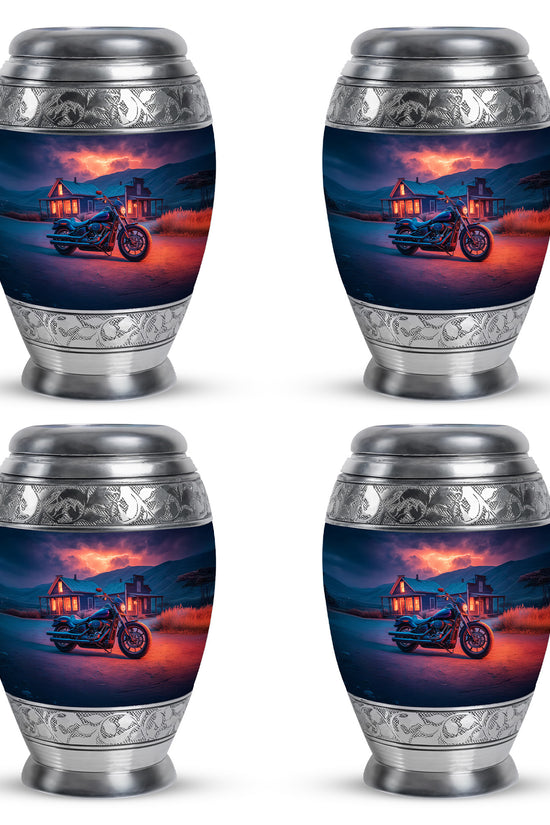 Sapphire Blue Bike Cremation Urn urn with complimentary velvet bag - royal bike engraving with decorative scrollwork - 10 inch aluminum urn for cremated remains
