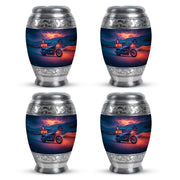 Sapphire Blue Bike Cremation Urn urn with complimentary velvet bag - royal bike engraving with decorative scrollwork - 10 inch aluminum urn for cremated remains