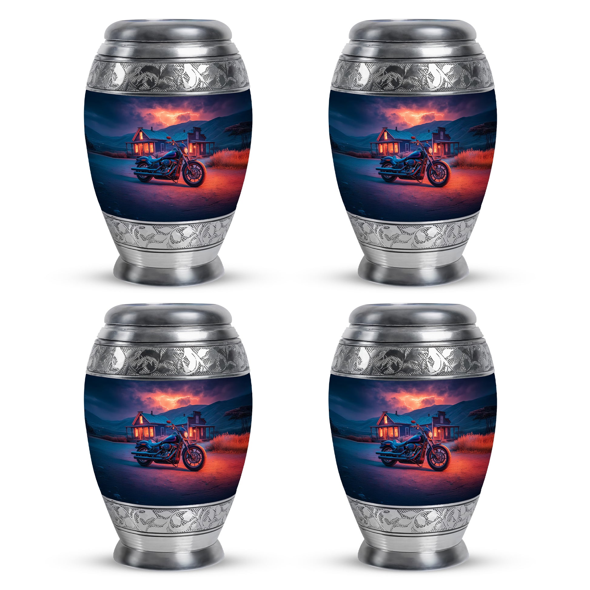 Sapphire Blue Bike Cremation Urn urn with complimentary velvet bag - royal bike engraving with decorative scrollwork - 10 inch aluminum urn for cremated remains