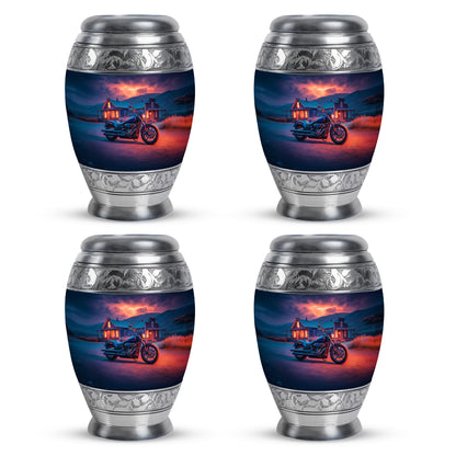 Sapphire Blue Bike Cremation Urn urn with complimentary velvet bag - royal bike engraving with decorative scrollwork - 10 inch aluminum urn for cremated remains