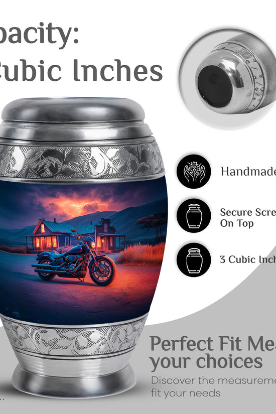Serene Blue Bike Cremation Urn lifestyle display on memorial shelf - royal bike engraving with decorative scrollwork - mini keepsake memorial for portion of cremation ashes