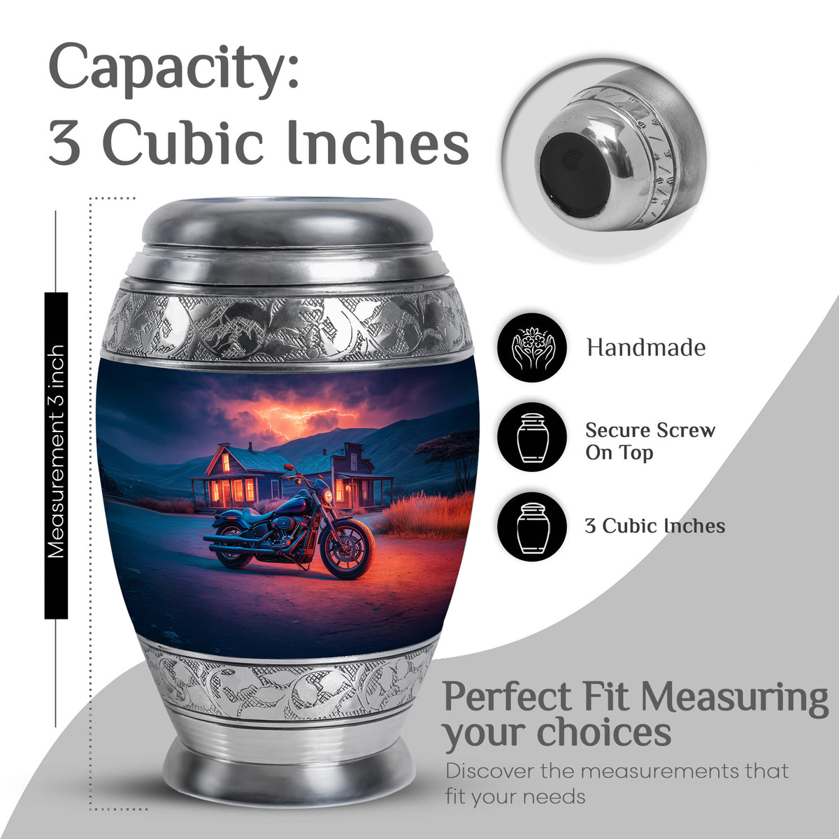 Serene Blue Bike Cremation Urn lifestyle display on memorial shelf - royal bike engraving with decorative scrollwork - mini keepsake memorial for portion of cremation ashes