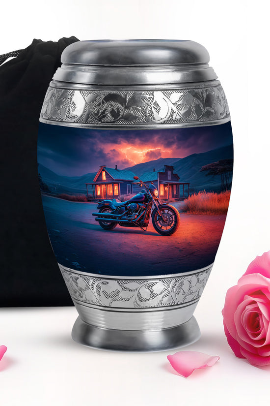 Bright Blue Bike Cremation Urn back view with polished surface - royal bike engraving with decorative scrollwork - full-size 10 inch 200 cubic inch adult cremation urn