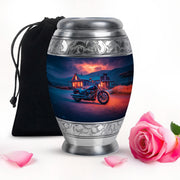 Bright Blue Bike Cremation Urn back view with polished surface - royal bike engraving with decorative scrollwork - full-size 10 inch 200 cubic inch adult cremation urn