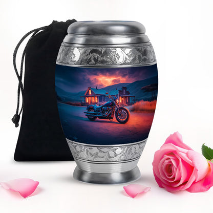 Bright Blue Bike Cremation Urn back view with polished surface - royal bike engraving with decorative scrollwork - full-size 10 inch 200 cubic inch adult cremation urn