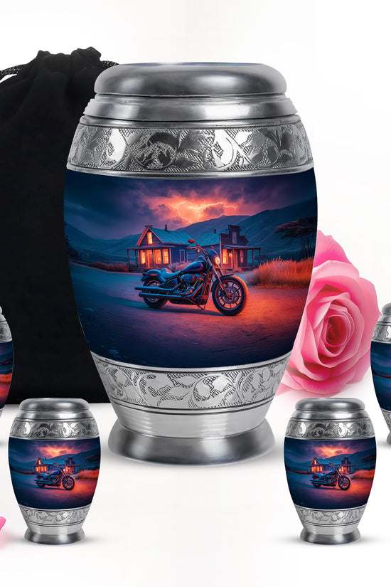 Slate Blue Bike Cremation Urn detail view - regal bike design with crown-inspired accents - memorial set with one large and four small urns