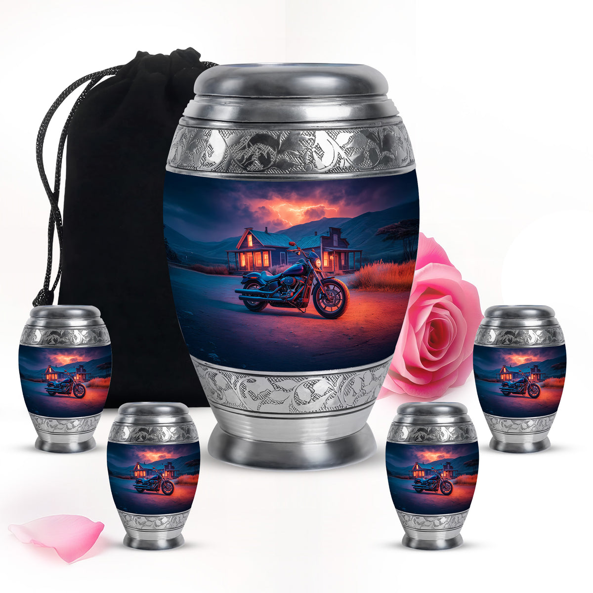 Slate Blue Bike Cremation Urn detail view - regal bike design with crown-inspired accents - memorial set with one large and four small urns