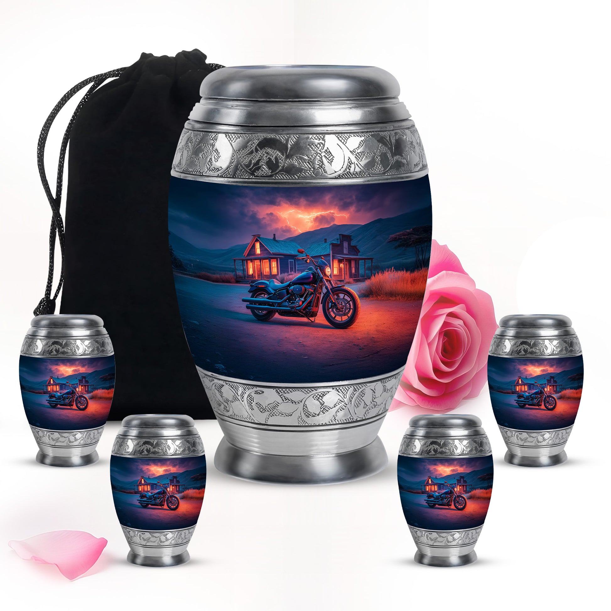 Slate Blue Bike Cremation Urn detail view - regal bike design with crown-inspired accents - memorial set with one large and four small urns