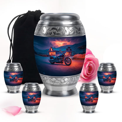 Slate Blue Bike Cremation Urn detail view - regal bike design with crown-inspired accents - memorial set with one large and four small urns