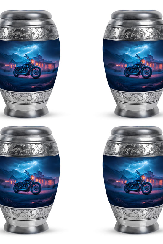 Calming Blue Bike Cremation Urn urn with complimentary velvet bag - majestic bike pattern with filigree border - 10 inch aluminum urn for cremated remains