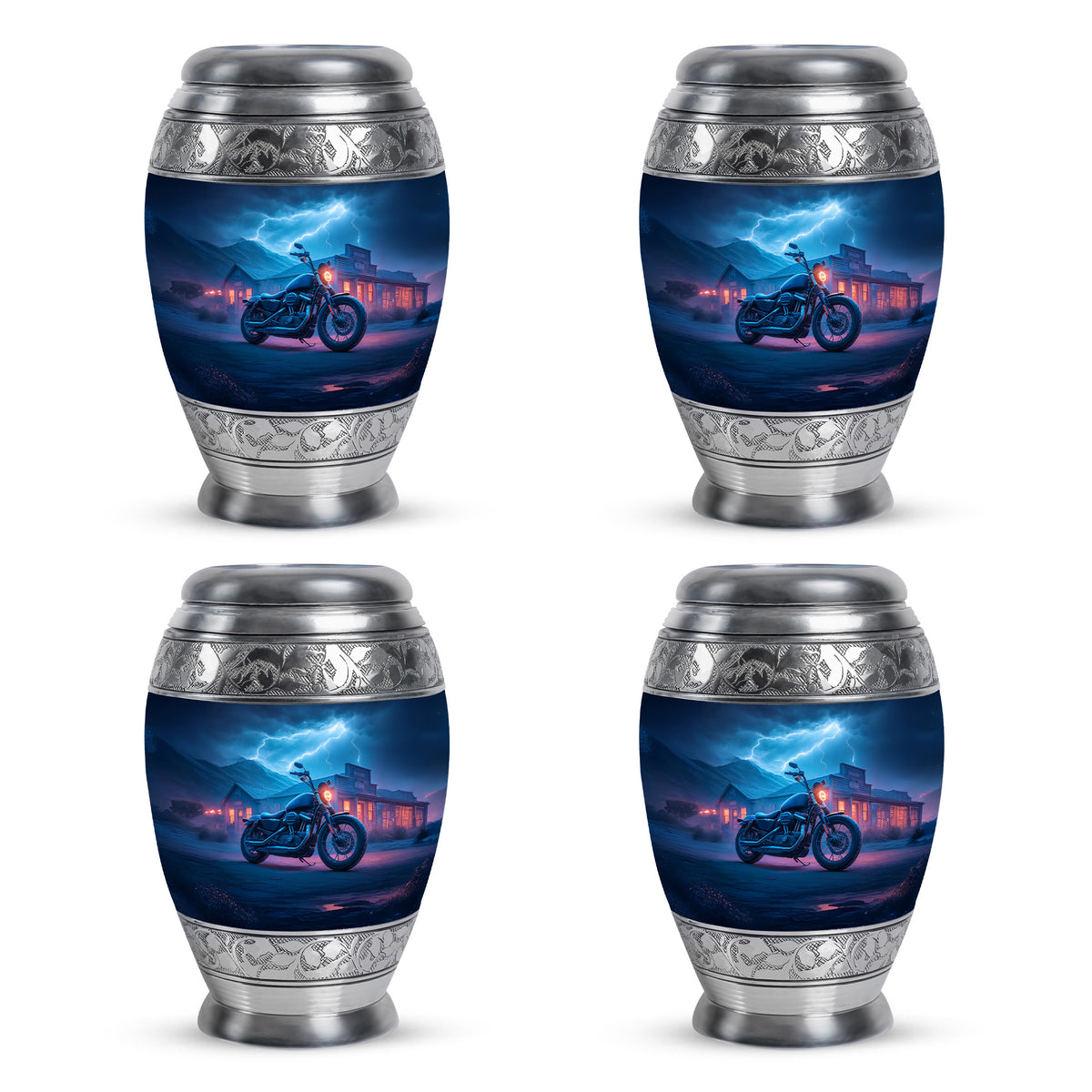 Calming Blue Bike Cremation Urn urn with complimentary velvet bag - majestic bike pattern with filigree border - 10 inch aluminum urn for cremated remains