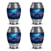 Calming Blue Bike Cremation Urn urn with complimentary velvet bag - majestic bike pattern with filigree border - 10 inch aluminum urn for cremated remains