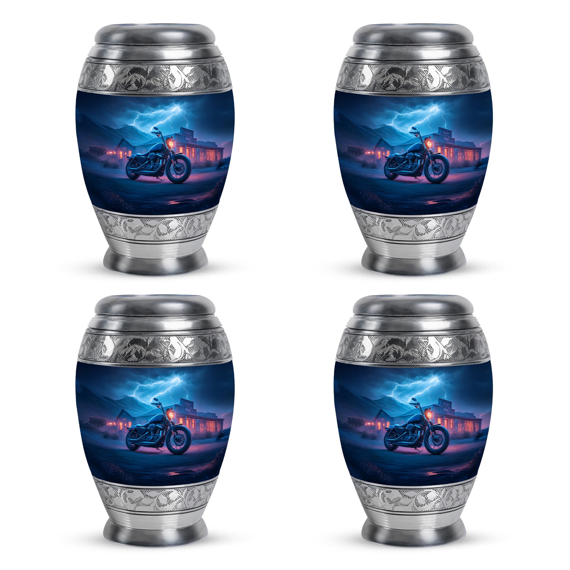 Calming Blue Bike Cremation Urn urn with complimentary velvet bag - majestic bike pattern with filigree border - 10 inch aluminum urn for cremated remains