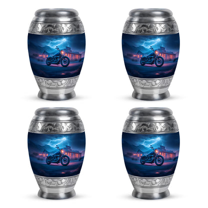 Calming Blue Bike Cremation Urn urn with complimentary velvet bag - majestic bike pattern with filigree border - 10 inch aluminum urn for cremated remains
