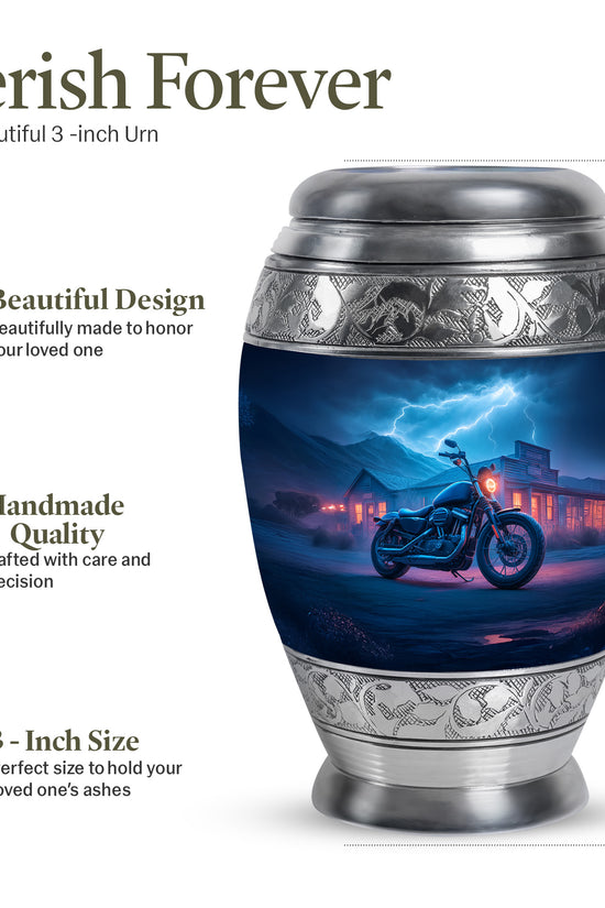 Sapphire Blue Bike Cremation Urn lifestyle display on memorial shelf - royal bike engraving with decorative scrollwork - mini keepsake memorial for portion of cremation ashes