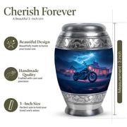 Sapphire Blue Bike Cremation Urn lifestyle display on memorial shelf - royal bike engraving with decorative scrollwork - mini keepsake memorial for portion of cremation ashes
