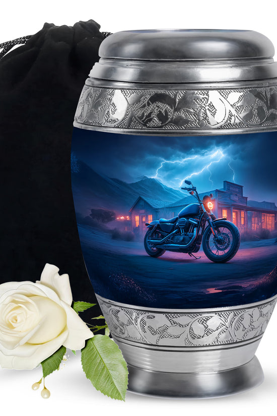 Celestial Blue Bike Cremation Urn back view with polished surface - ornate monarch-style bike relief on brushed aluminum - full-size 10 inch 200 cubic inch adult cremation urn