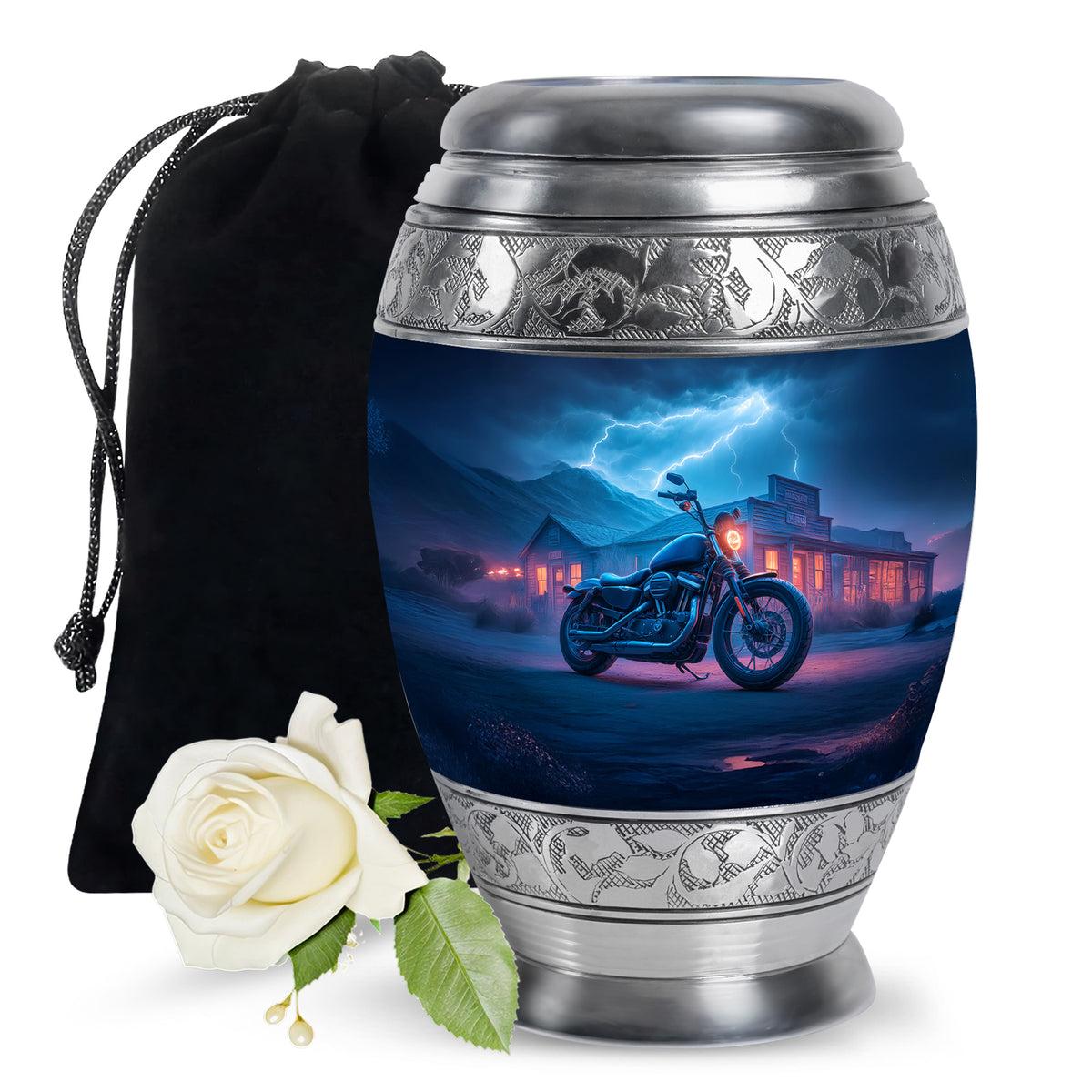 Celestial Blue Bike Cremation Urn back view with polished surface - ornate monarch-style bike relief on brushed aluminum - full-size 10 inch 200 cubic inch adult cremation urn