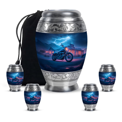 Powder Blue Bike Cremation Urn detail view - ornate monarch-style bike relief on brushed aluminum - memorial set with one large and four small urns