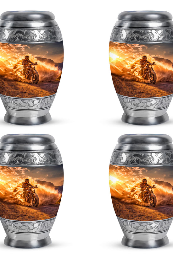 Champagne Gold Bike Cremation Urn urn with complimentary velvet bag - ornate monarch-style bike relief on brushed aluminum - 10 inch aluminum urn for cremated remains