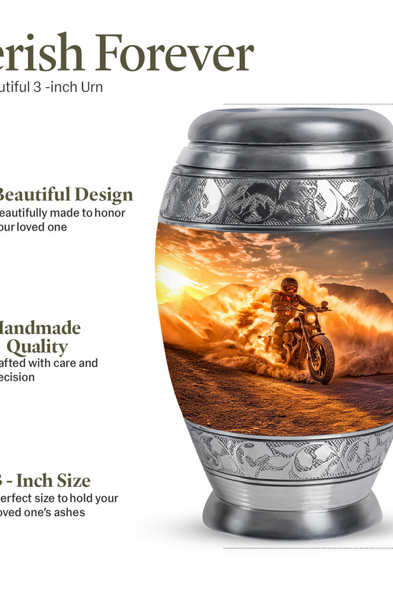 Warm Gold Bike Cremation Urn lifestyle display on memorial shelf - majestic bike pattern with filigree border - mini keepsake memorial for portion of cremation ashes
