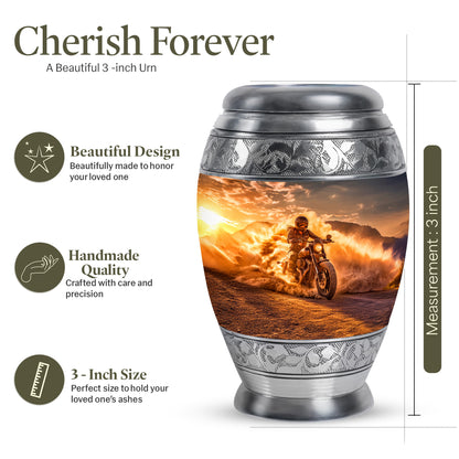 Warm Gold Bike Cremation Urn lifestyle display on memorial shelf - majestic bike pattern with filigree border - mini keepsake memorial for portion of cremation ashes