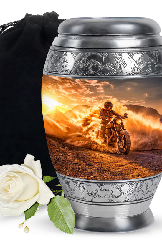 Harvest Gold Bike Cremation Urn back view with polished surface - majestic bike pattern with filigree border - full-size 10 inch 200 cubic inch adult cremation urn